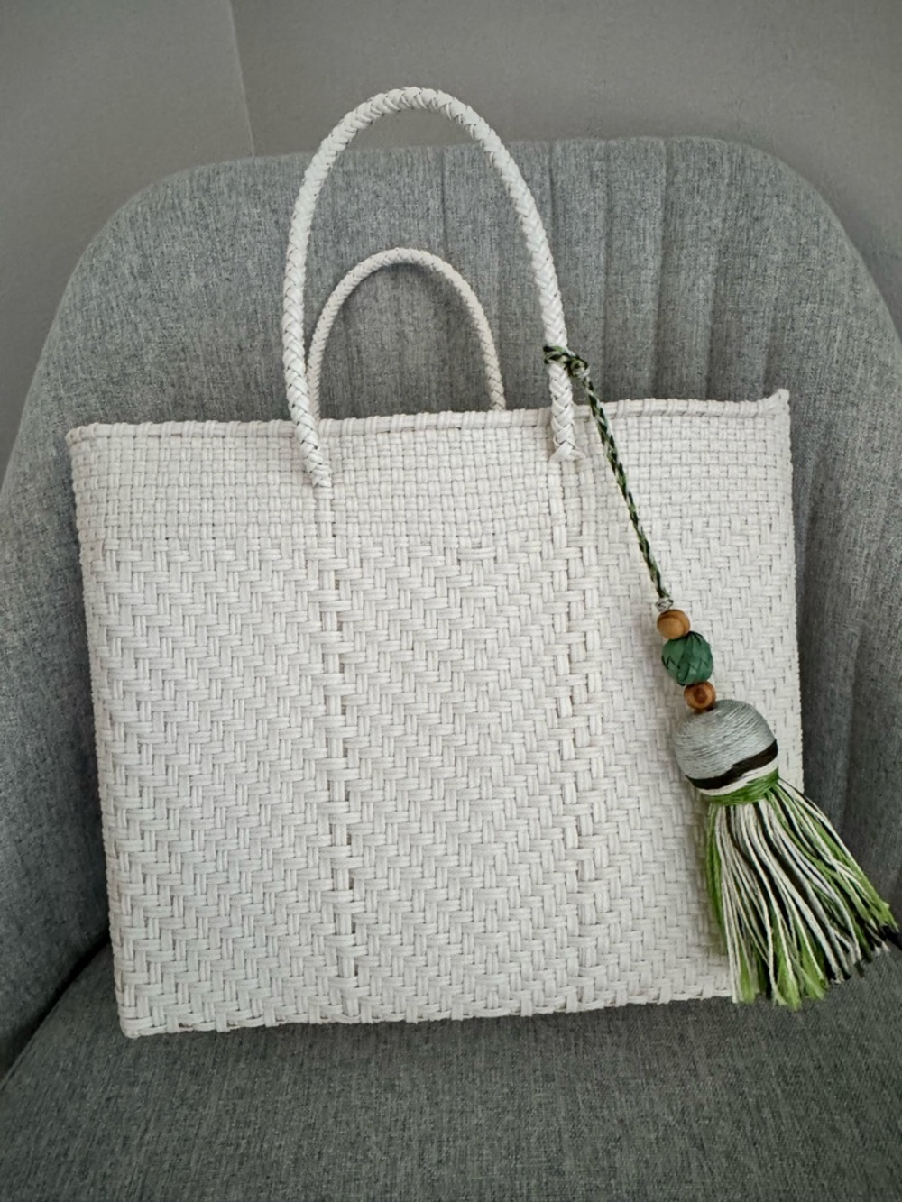 White Woven Tote Bag with Green Tassel